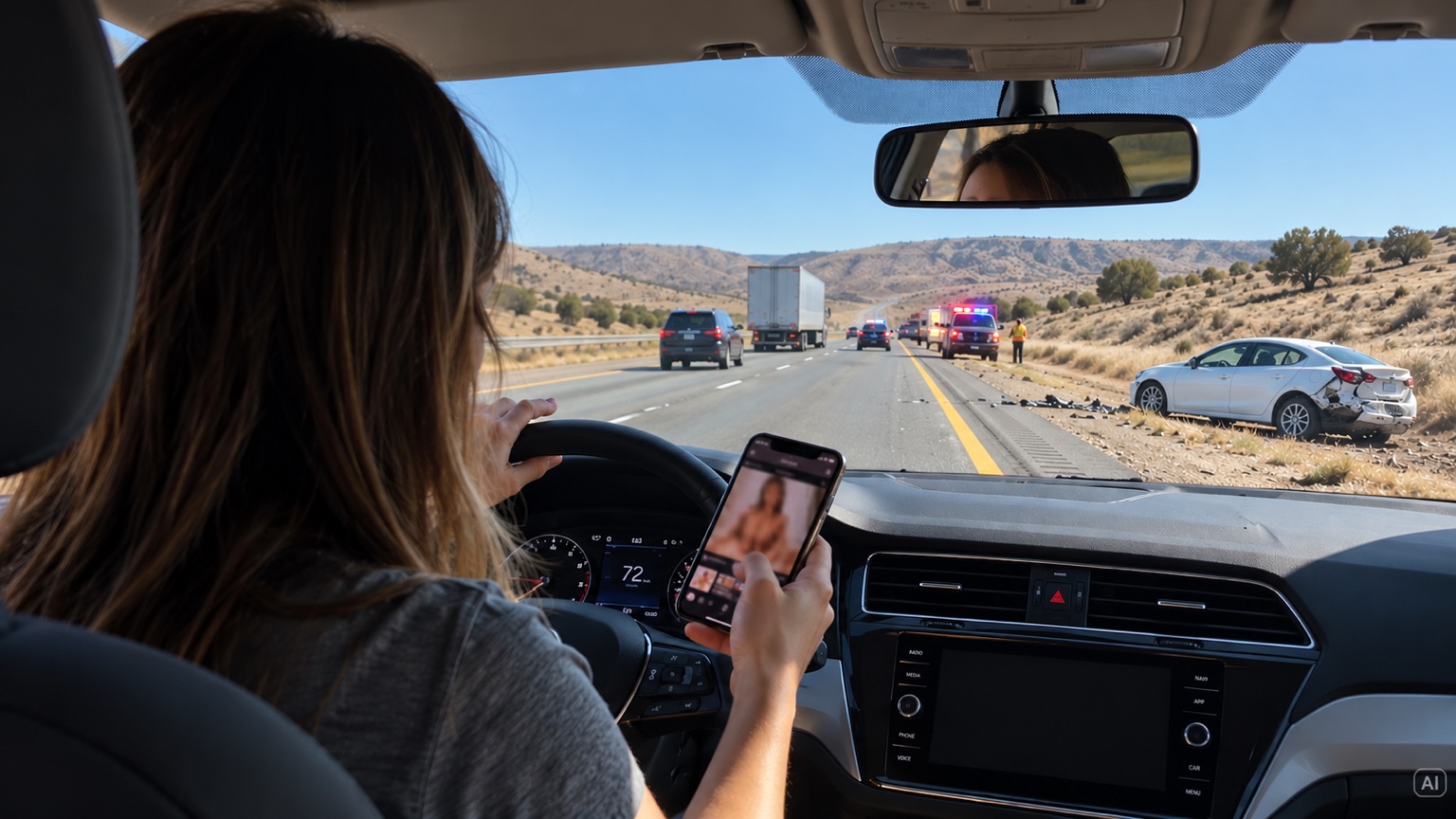 AI-generated illustration from inside a car: a driver uses her phone as a crash unfolds on an interstate in Utah.