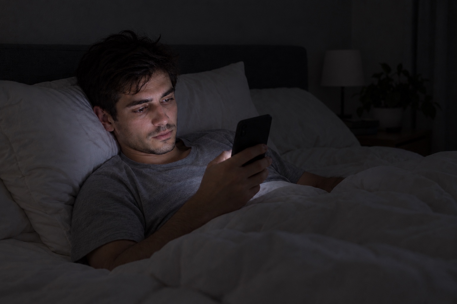 An adult man lies in bed in a dark bedroom, looking at his smartphone. The bedside lamp is switched off.