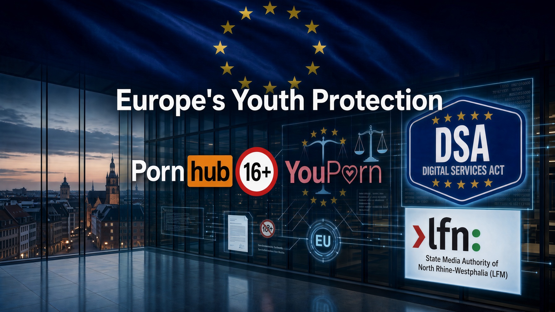 Illustration showing Europe’s Youth Protection, EU stars, Pornhub, YouPorn and the Digital Services Act.