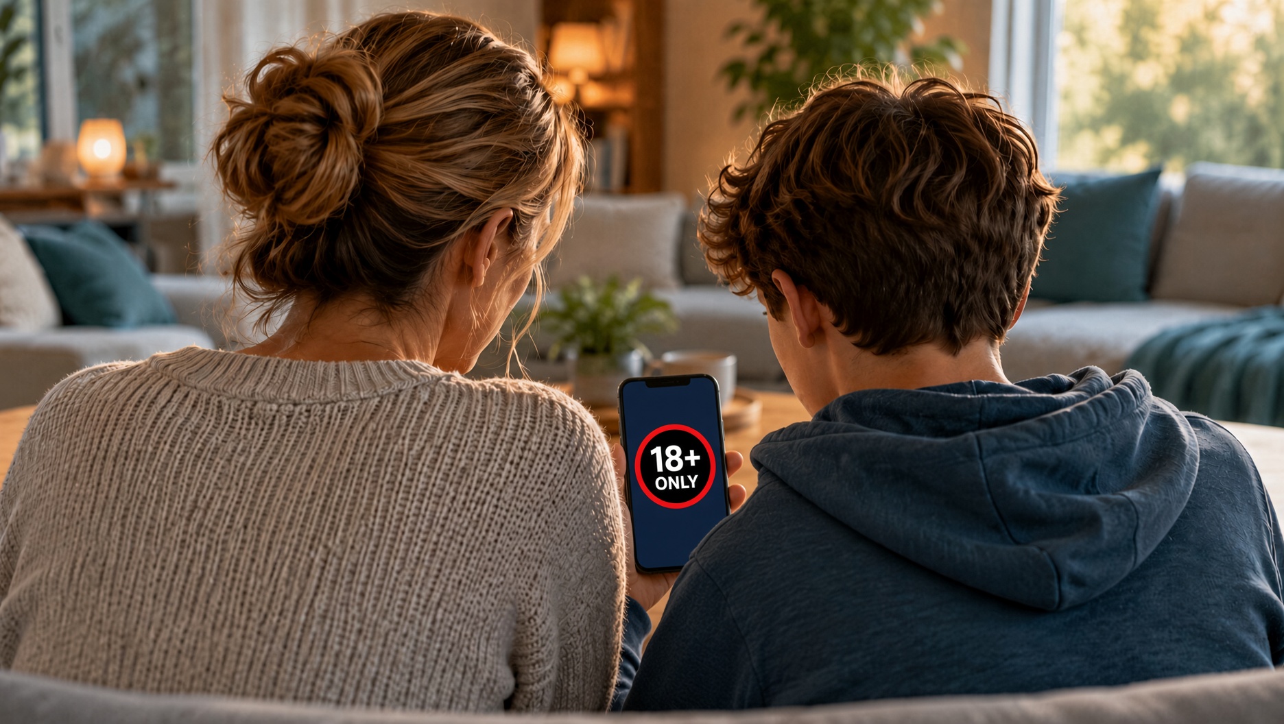 A mother and son, seen from behind, looking together at a smartphone displaying an 18+ symbol.