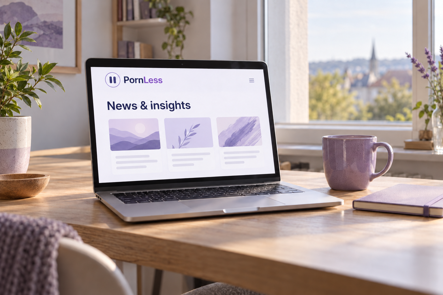 A laptop displaying PornLess News & insights on a bright desk beside a purple mug.