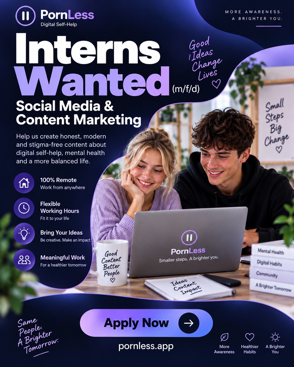 PornLess recruitment poster: Interns Wanted (m/f/d) – Social Media & Content Marketing. Two young adults work together at a laptop. 100% remote, flexible working hours. Apply now at PornLess.app.