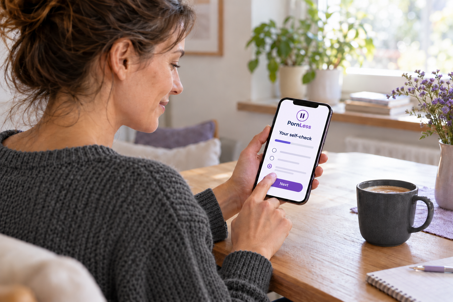 A woman in a dark grey sweater using the PornLess self-check on her smartphone beside a dark grey mug.