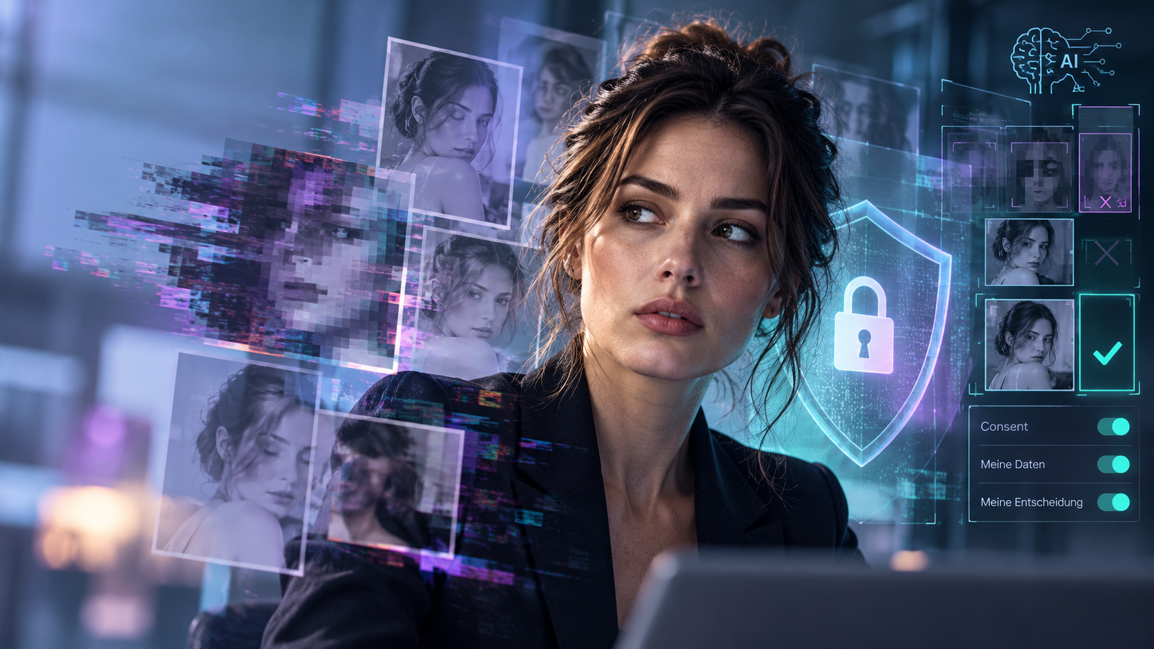 AI-generated illustration: a woman surrounded by digital portraits and a glowing shield with a padlock, symbolising consent and control over her digital identity.