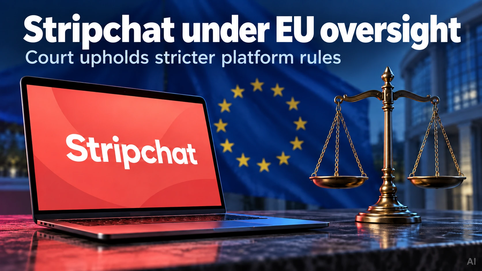 AI-generated illustration: a laptop displaying the Stripchat name, EU stars and scales of justice. Headline: Stripchat under EU oversight – Court upholds stricter platform rules.
