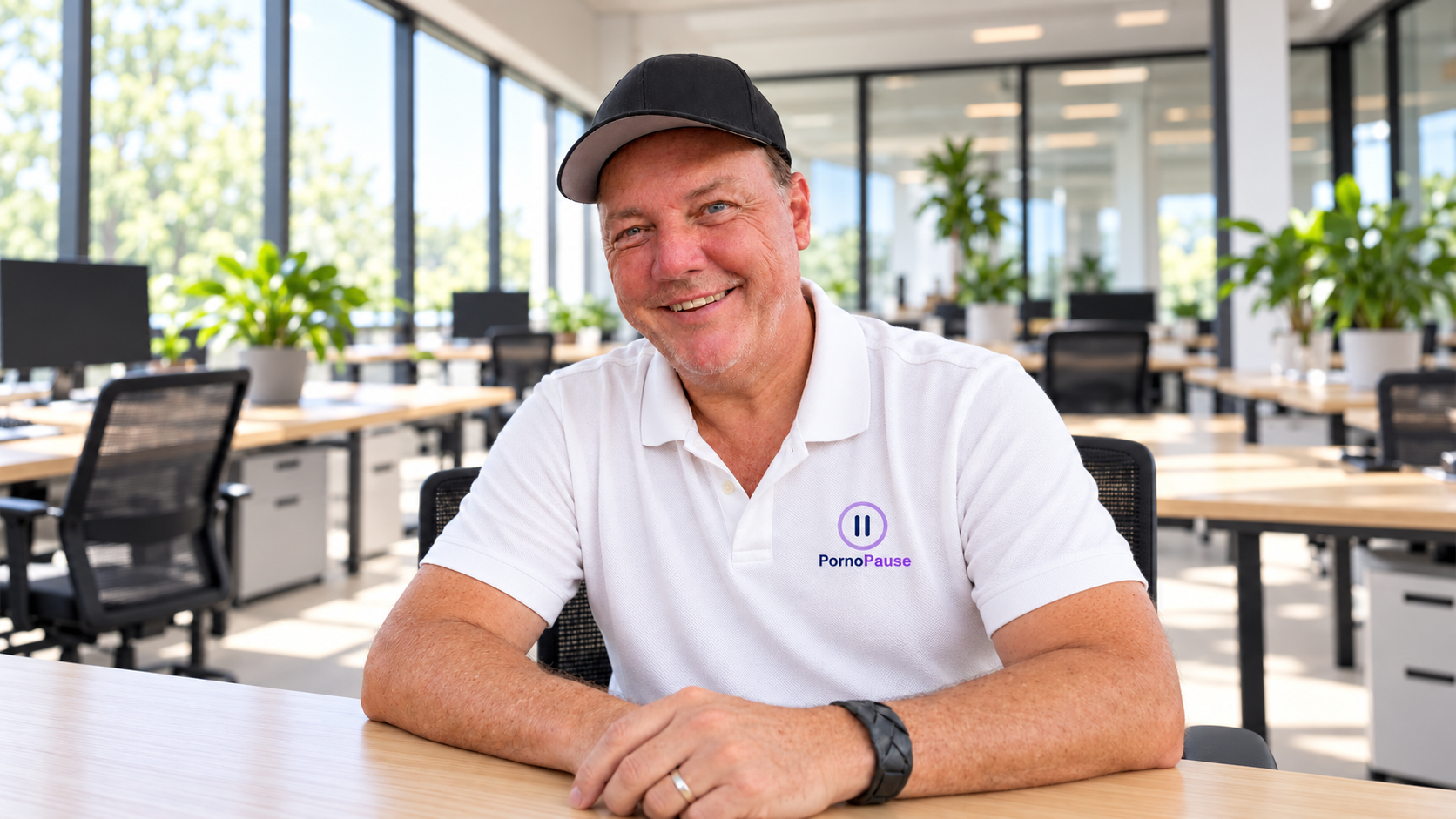Thomas Becker wearing a black baseball cap and a white PornoPause polo shirt in a bright office. AI-edited portrait.