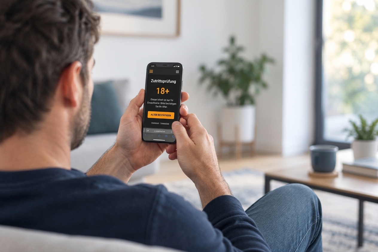 A man pauses at an age confirmation screen on his phone.